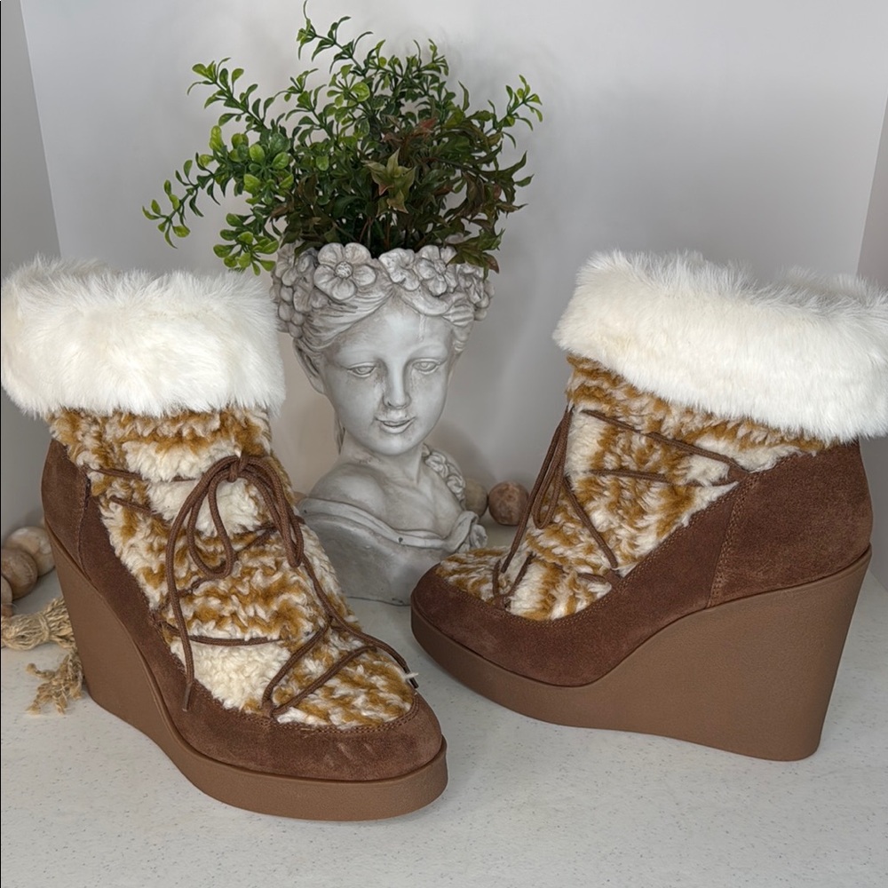 Brown and Cream Women's Wedge Boots - Picture 2 of 10